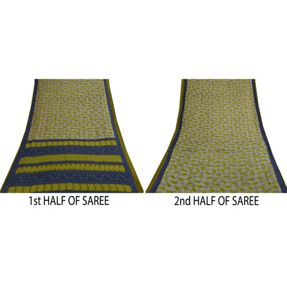 Sanskriti Vintage Sarees Gray & Green Pure Cotton Printed Sari 5+yd Craft Fabric