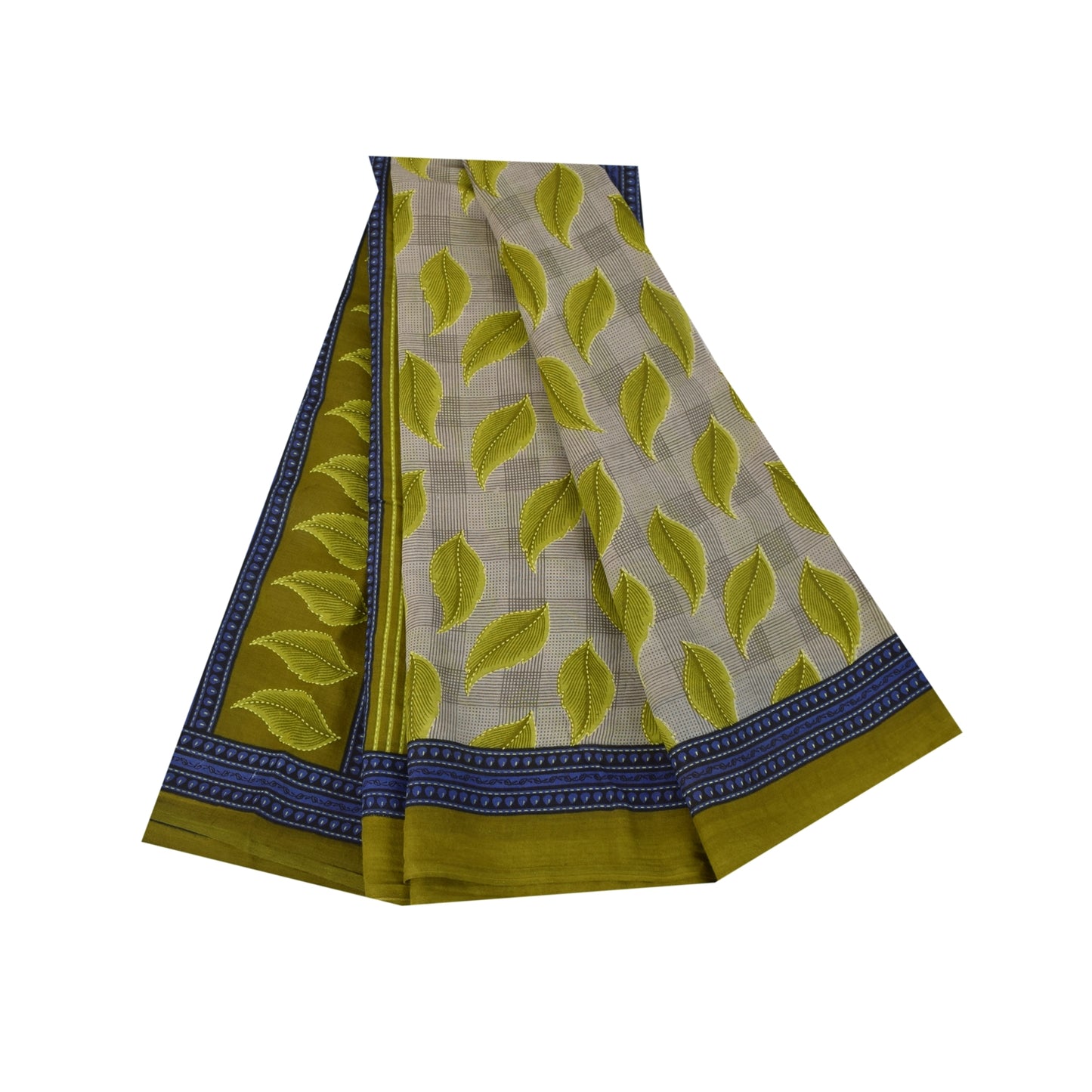 Sanskriti Vintage Sarees Gray & Green Pure Cotton Printed Sari 5+yd Craft Fabric