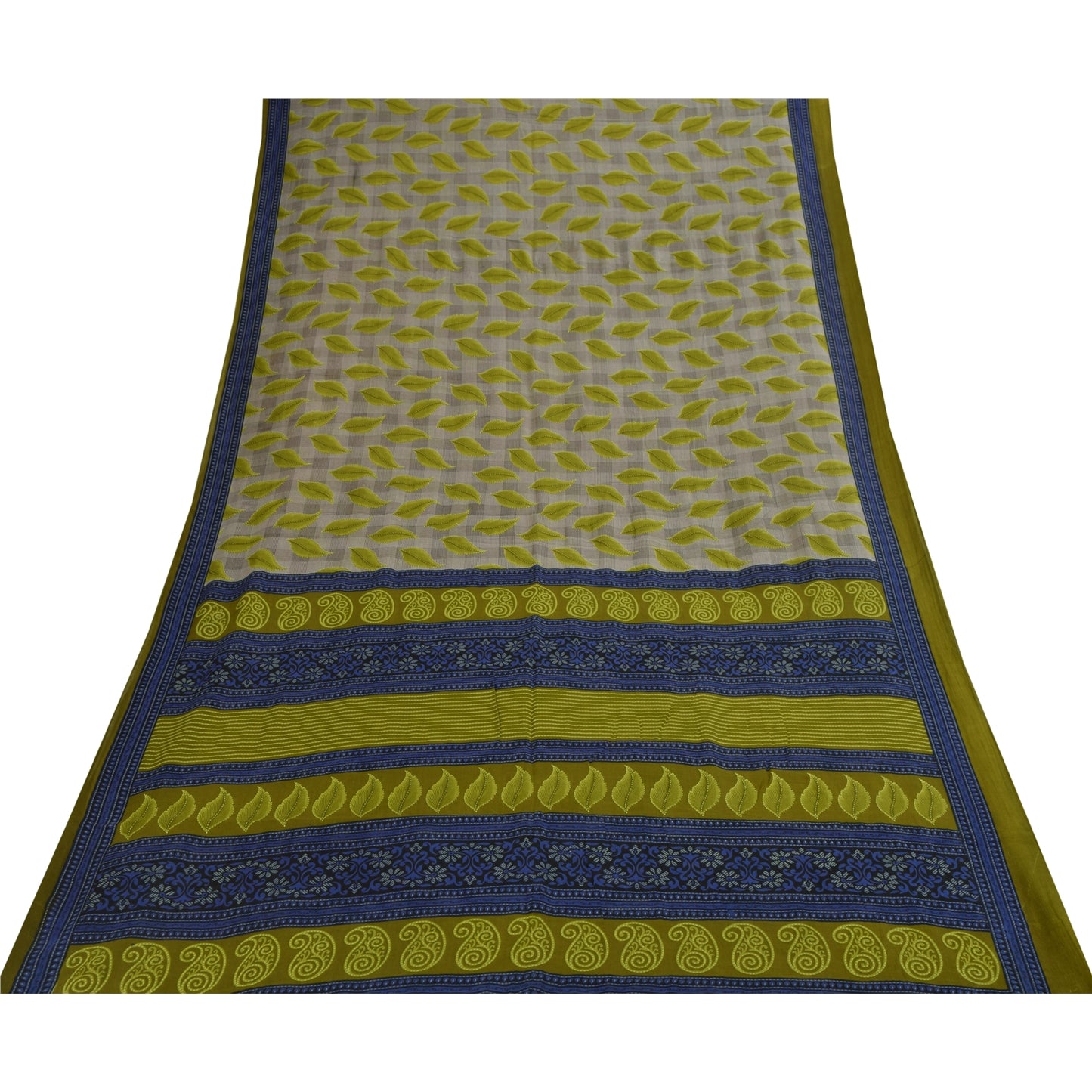 Sanskriti Vintage Sarees Gray & Green Pure Cotton Printed Sari 5+yd Craft Fabric