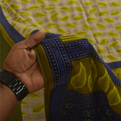 Sanskriti Vintage Sarees Gray & Green Pure Cotton Printed Sari 5+yd Craft Fabric
