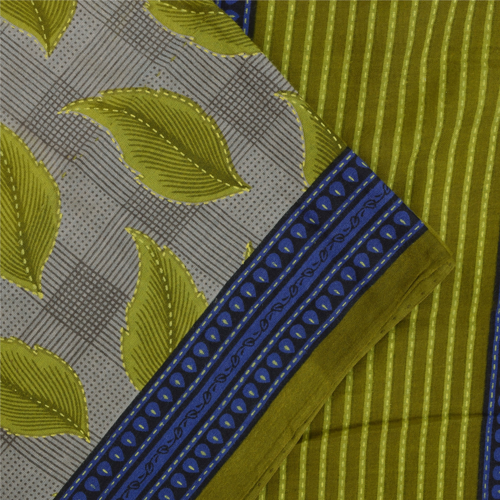 Sanskriti Vintage Sarees Gray & Green Pure Cotton Printed Sari 5+yd Craft Fabric