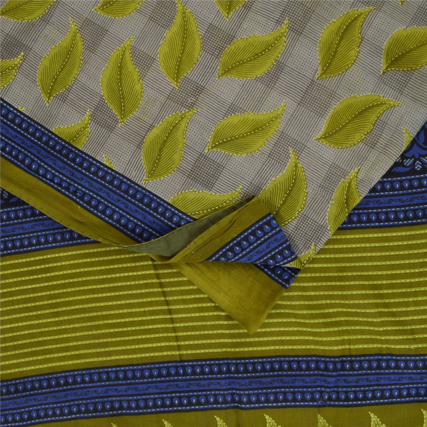 Sanskriti Vintage Sarees Gray & Green Pure Cotton Printed Sari 5+yd Craft Fabric