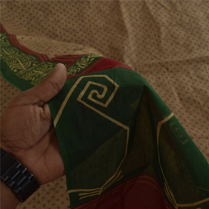 Sanskriti Vintage Sarees Light Brown Pure Cotton Printed Sari 5+yd Craft Fabric