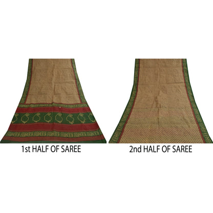 Sanskriti Vintage Sarees Light Brown Pure Cotton Printed Sari 5+yd Craft Fabric