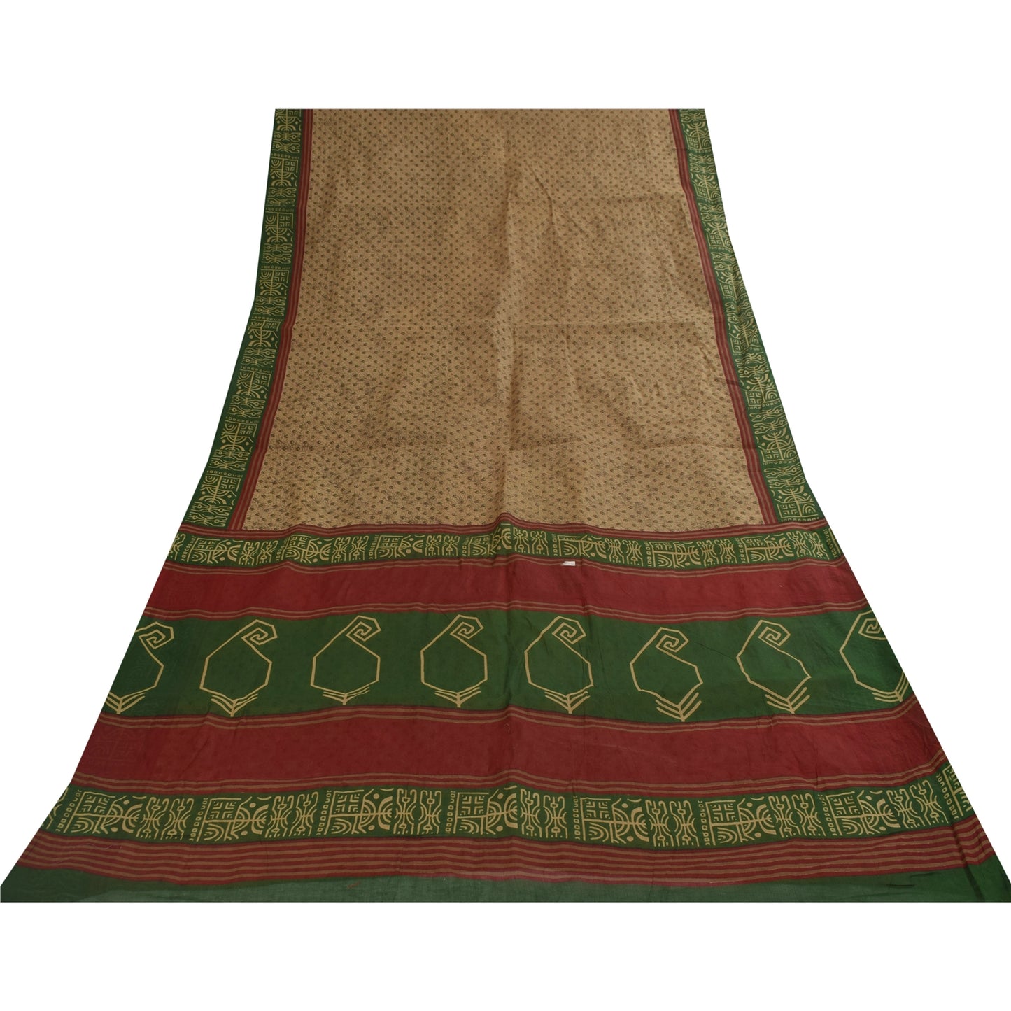 Sanskriti Vintage Sarees Light Brown Pure Cotton Printed Sari 5+yd Craft Fabric