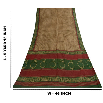 Sanskriti Vintage Sarees Light Brown Pure Cotton Printed Sari 5+yd Craft Fabric