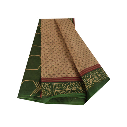 Sanskriti Vintage Sarees Light Brown Pure Cotton Printed Sari 5+yd Craft Fabric