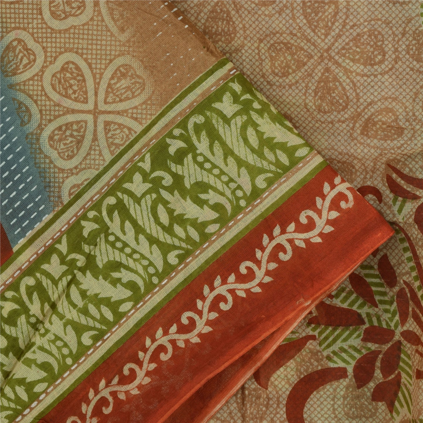 Sanskriti Vintage Sarees Brown & Red Pure Cotton Printed Sari 5+yd Craft Fabric