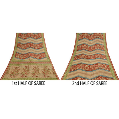 Sanskriti Vintage Sarees Brown & Red Pure Cotton Printed Sari 5+yd Craft Fabric