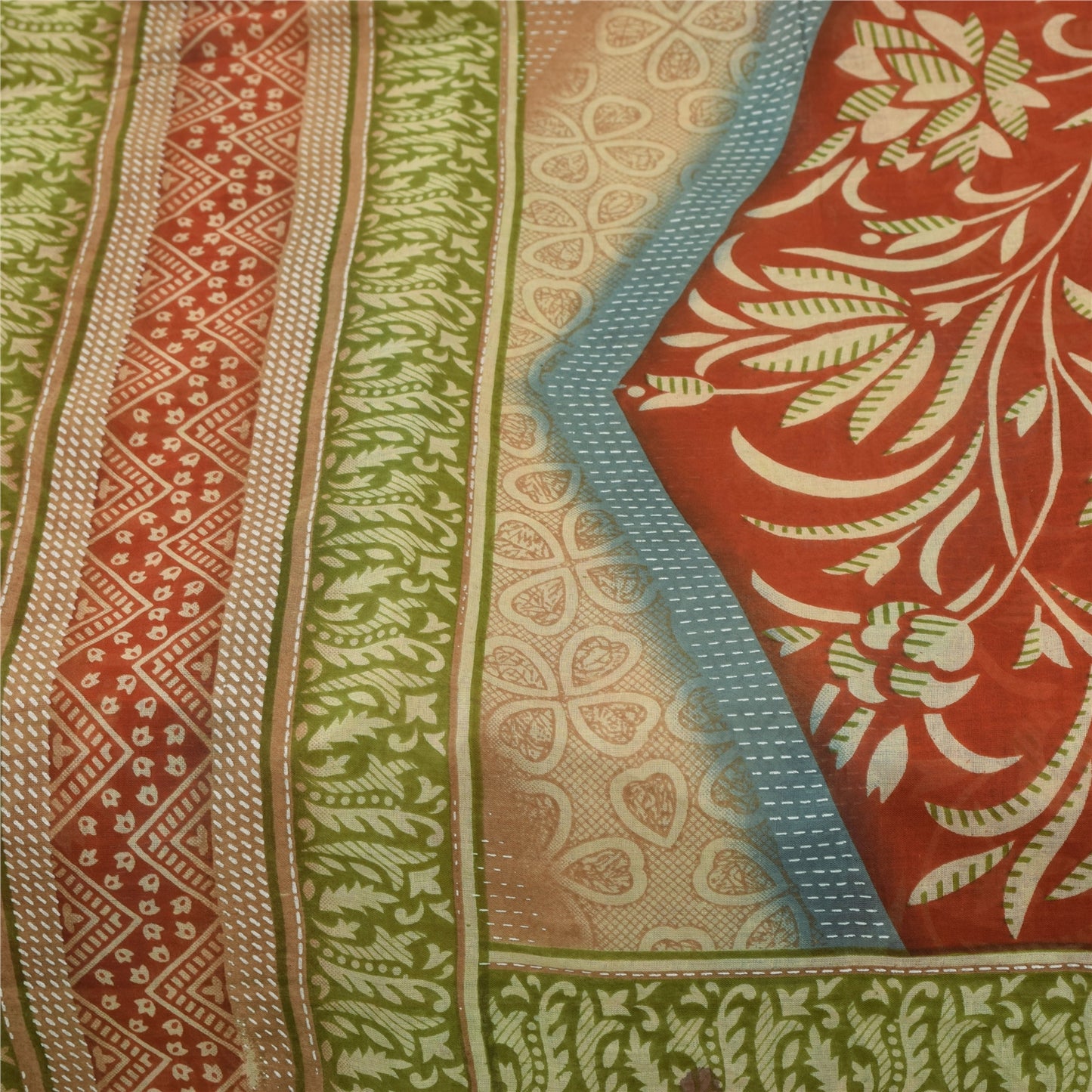 Sanskriti Vintage Sarees Brown & Red Pure Cotton Printed Sari 5+yd Craft Fabric