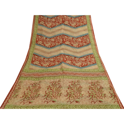 Sanskriti Vintage Sarees Brown & Red Pure Cotton Printed Sari 5+yd Craft Fabric