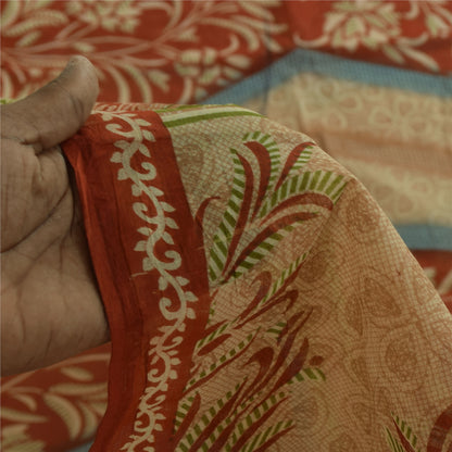 Sanskriti Vintage Sarees Brown & Red Pure Cotton Printed Sari 5+yd Craft Fabric