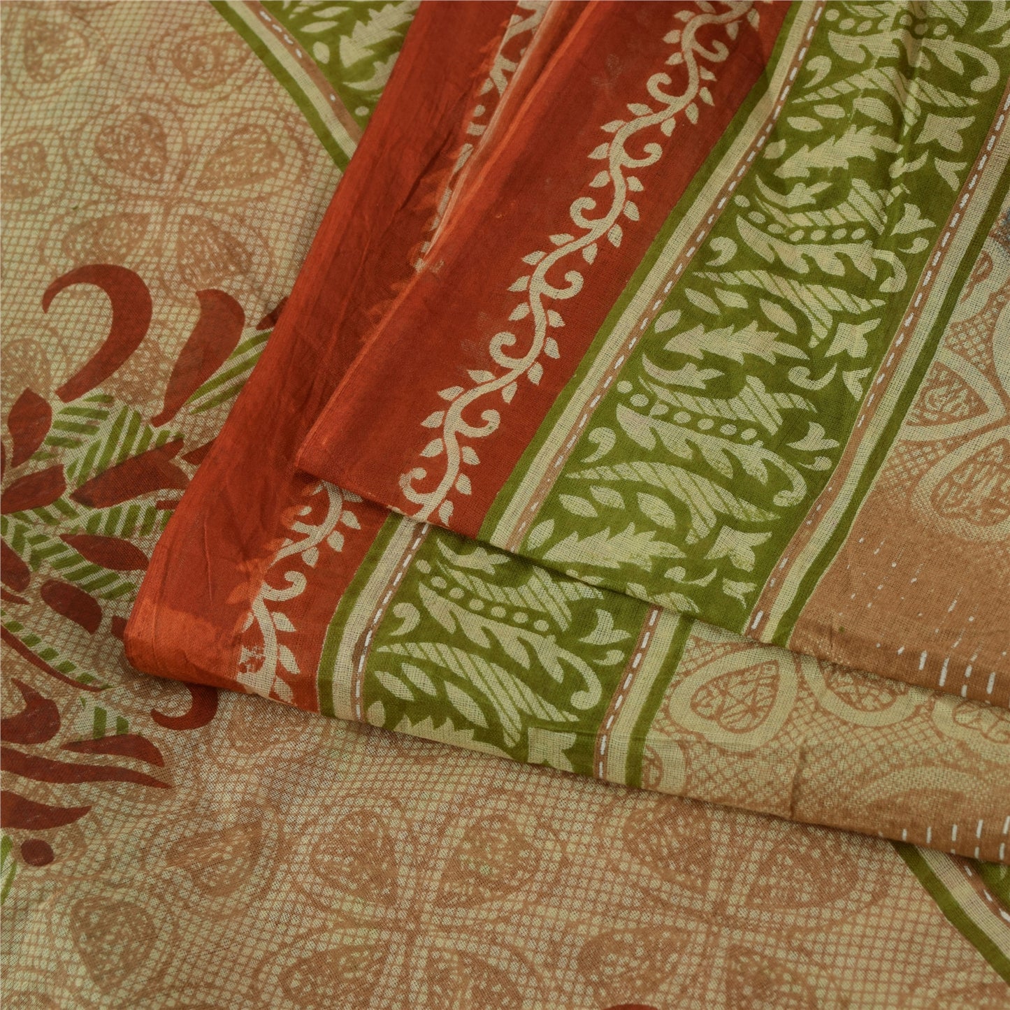 Sanskriti Vintage Sarees Brown & Red Pure Cotton Printed Sari 5+yd Craft Fabric