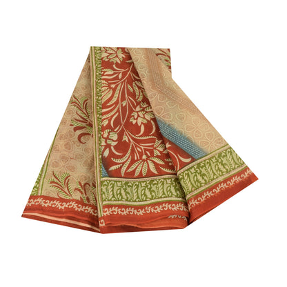 Sanskriti Vintage Sarees Brown & Red Pure Cotton Printed Sari 5+yd Craft Fabric