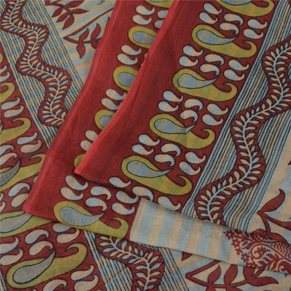 Sanskriti Vintage Sarees Indian Cream Pure Cotton Printed Sari 5+yd Craft Fabric