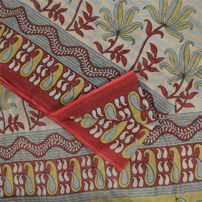 Sanskriti Vintage Sarees Indian Cream Pure Cotton Printed Sari 5+yd Craft Fabric