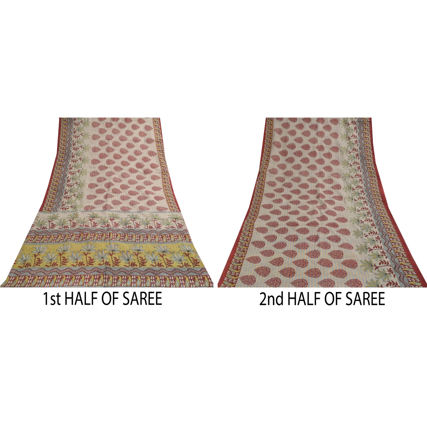 Sanskriti Vintage Sarees Indian Cream Pure Cotton Printed Sari 5+yd Craft Fabric