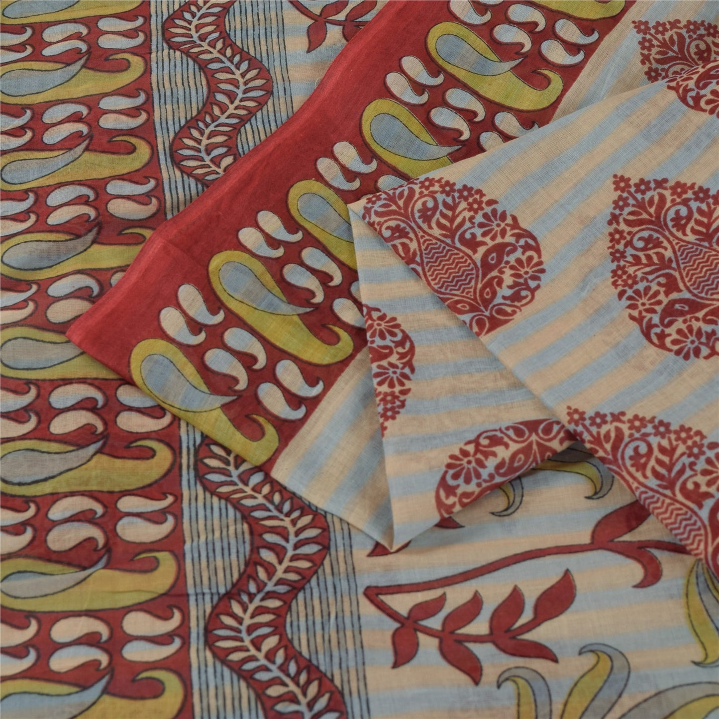 Sanskriti Vintage Sarees Indian Cream Pure Cotton Printed Sari 5+yd Craft Fabric