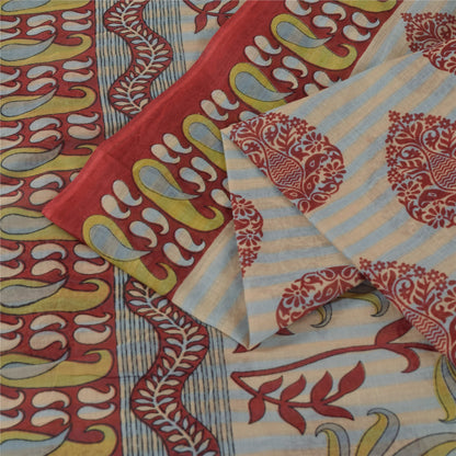 Sanskriti Vintage Sarees Indian Cream Pure Cotton Printed Sari 5+yd Craft Fabric