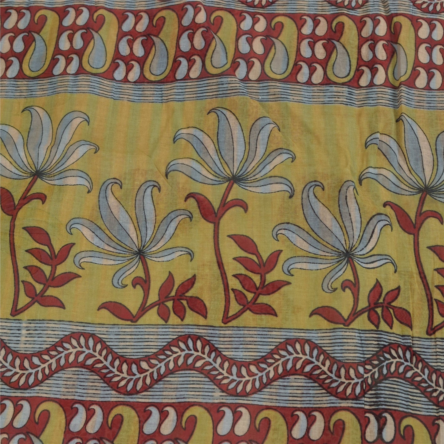 Sanskriti Vintage Sarees Indian Cream Pure Cotton Printed Sari 5+yd Craft Fabric