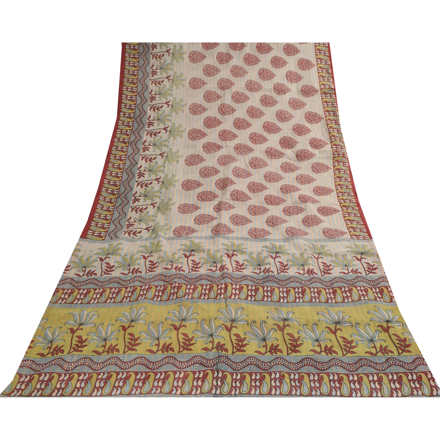 Sanskriti Vintage Sarees Indian Cream Pure Cotton Printed Sari 5+yd Craft Fabric