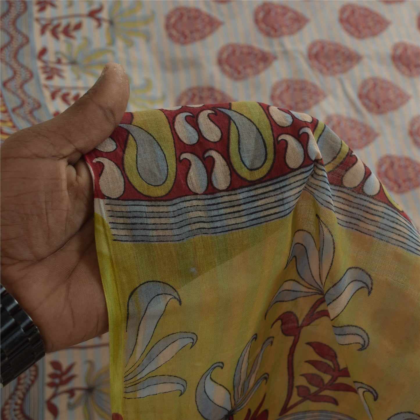 Sanskriti Vintage Sarees Indian Cream Pure Cotton Printed Sari 5+yd Craft Fabric