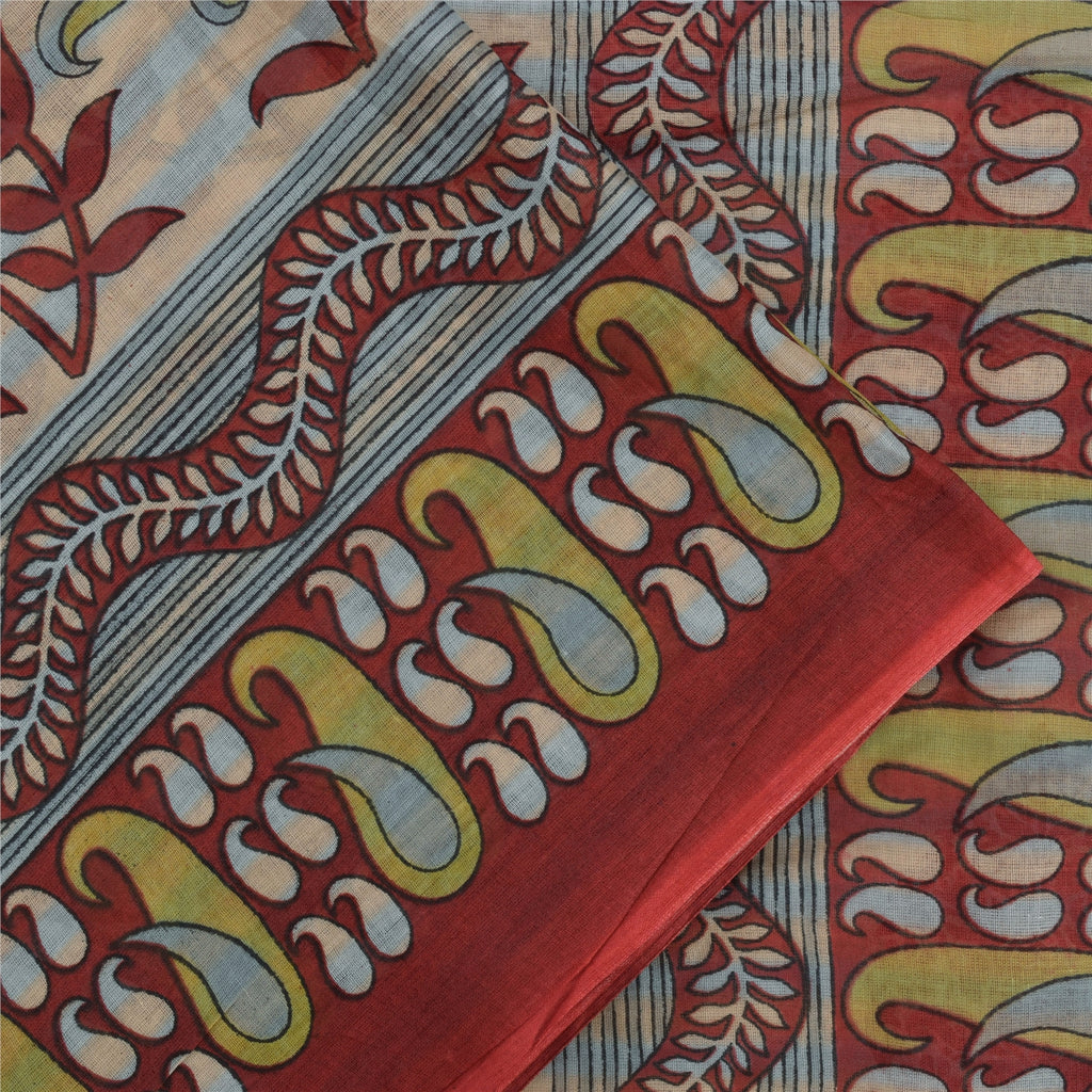 Sanskriti Vintage Sarees Indian Cream Pure Cotton Printed Sari 5+yd Craft Fabric