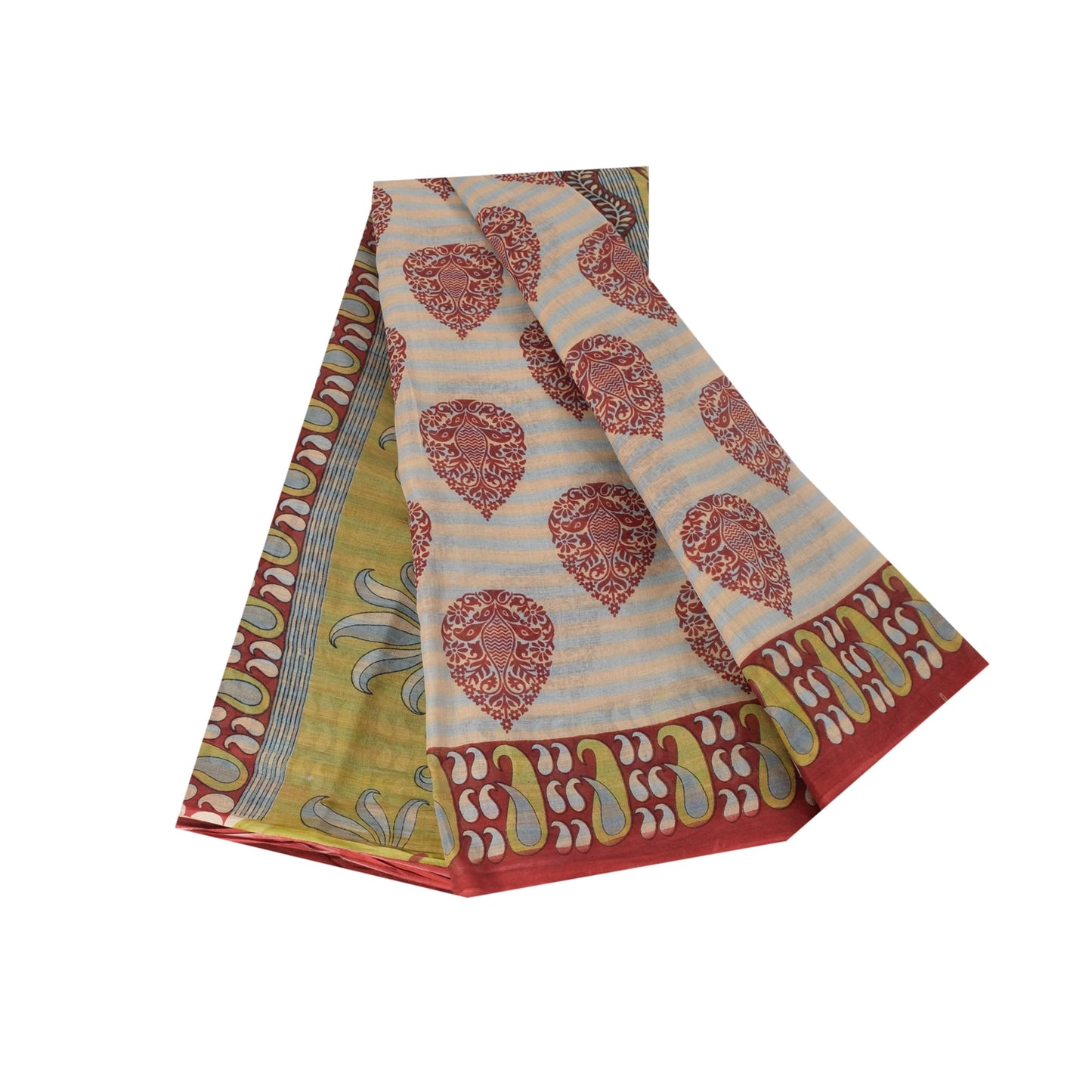 Sanskriti Vintage Sarees Indian Cream Pure Cotton Printed Sari 5+yd Craft Fabric