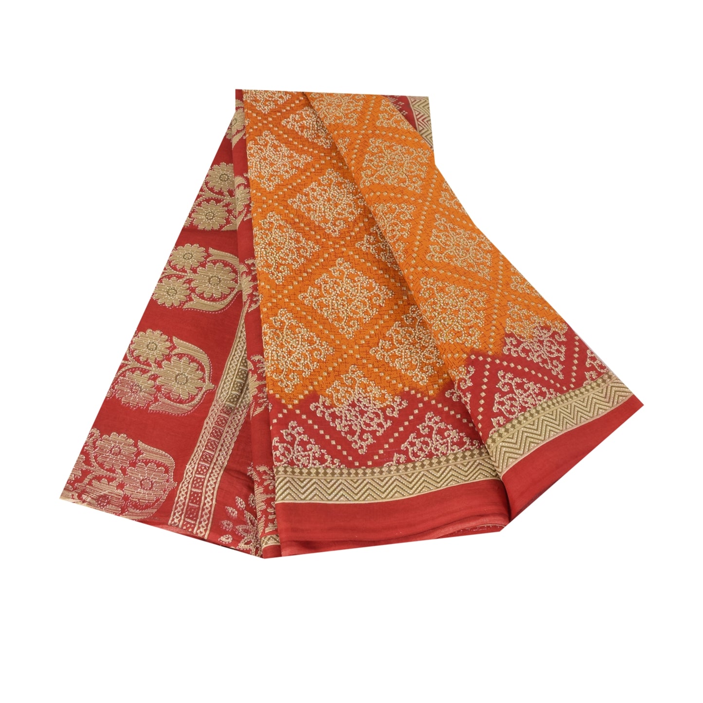 Sanskriti Vintage Sarees Indian OrangePure Cotton Printed Sari 5+yd Craft Fabric