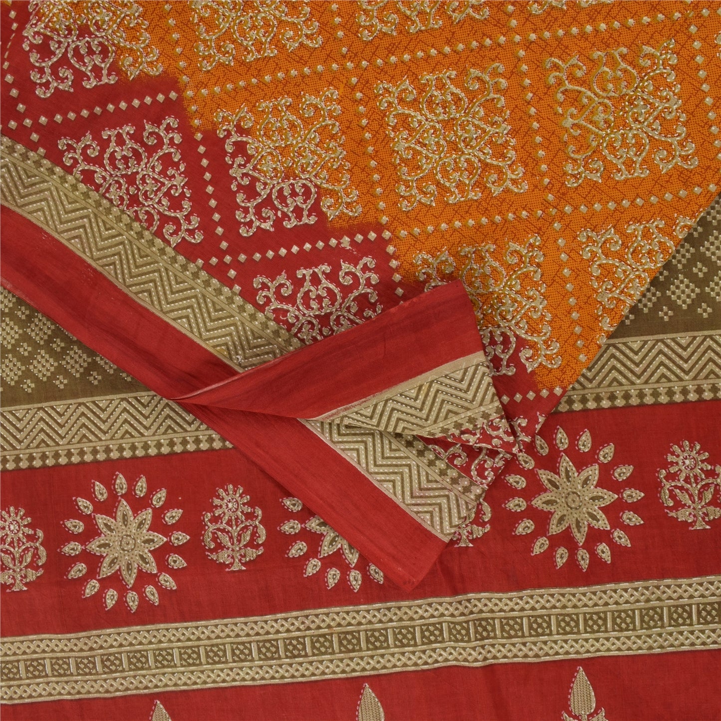 Sanskriti Vintage Sarees Indian OrangePure Cotton Printed Sari 5+yd Craft Fabric