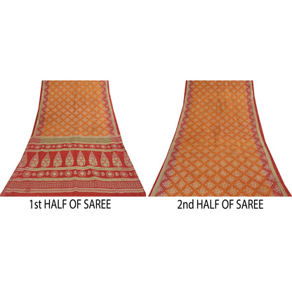 Sanskriti Vintage Sarees Indian OrangePure Cotton Printed Sari 5+yd Craft Fabric