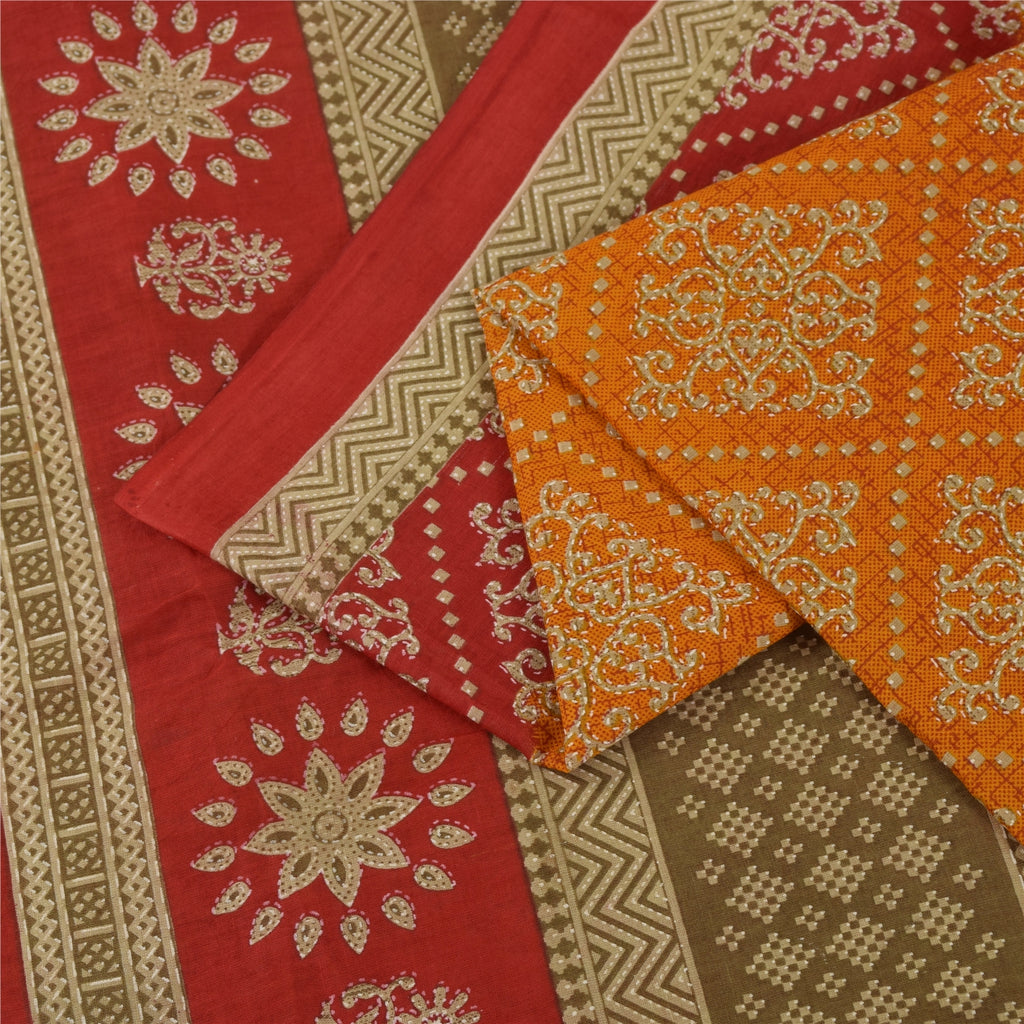 Sanskriti Vintage Sarees Indian OrangePure Cotton Printed Sari 5+yd Craft Fabric