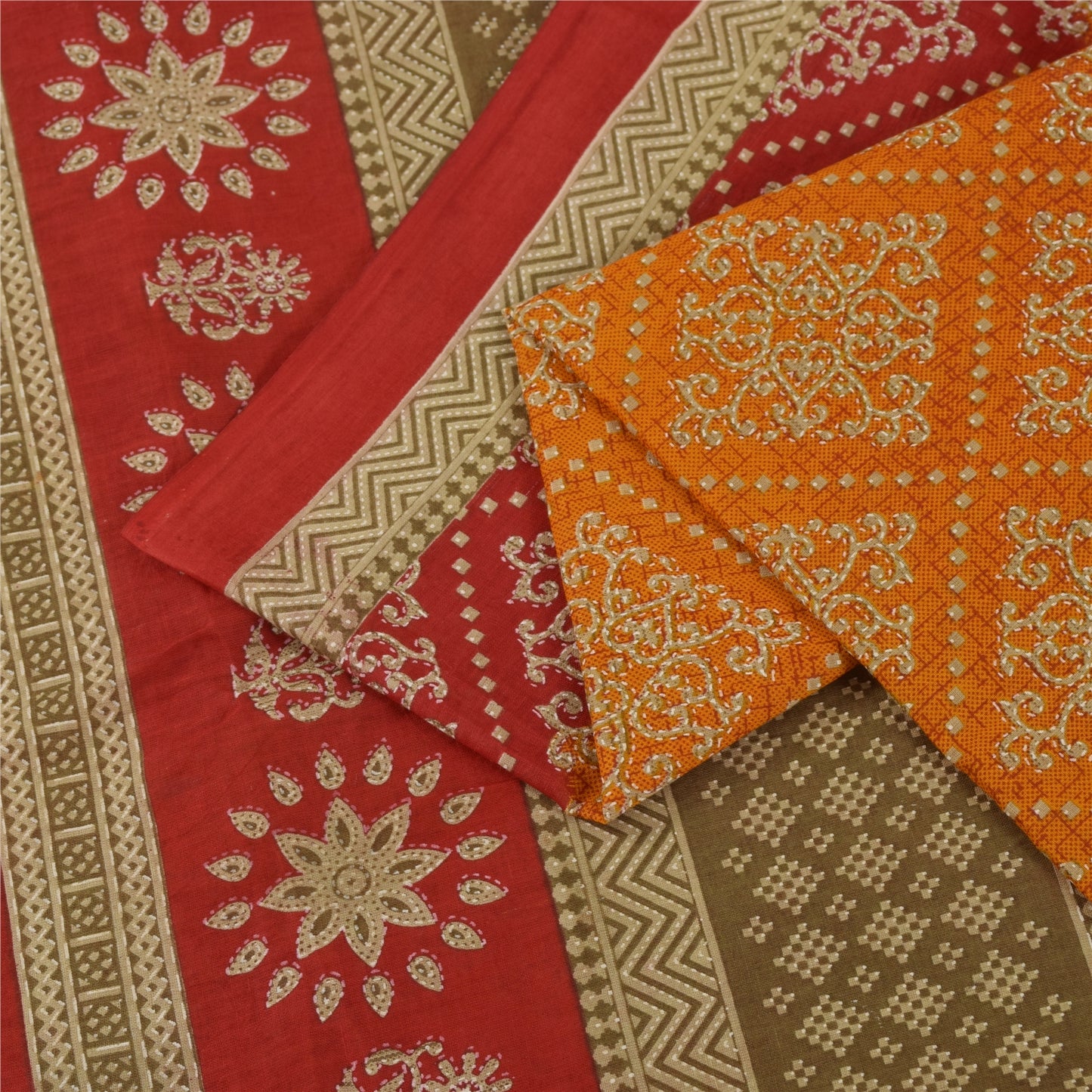 Sanskriti Vintage Sarees Indian OrangePure Cotton Printed Sari 5+yd Craft Fabric