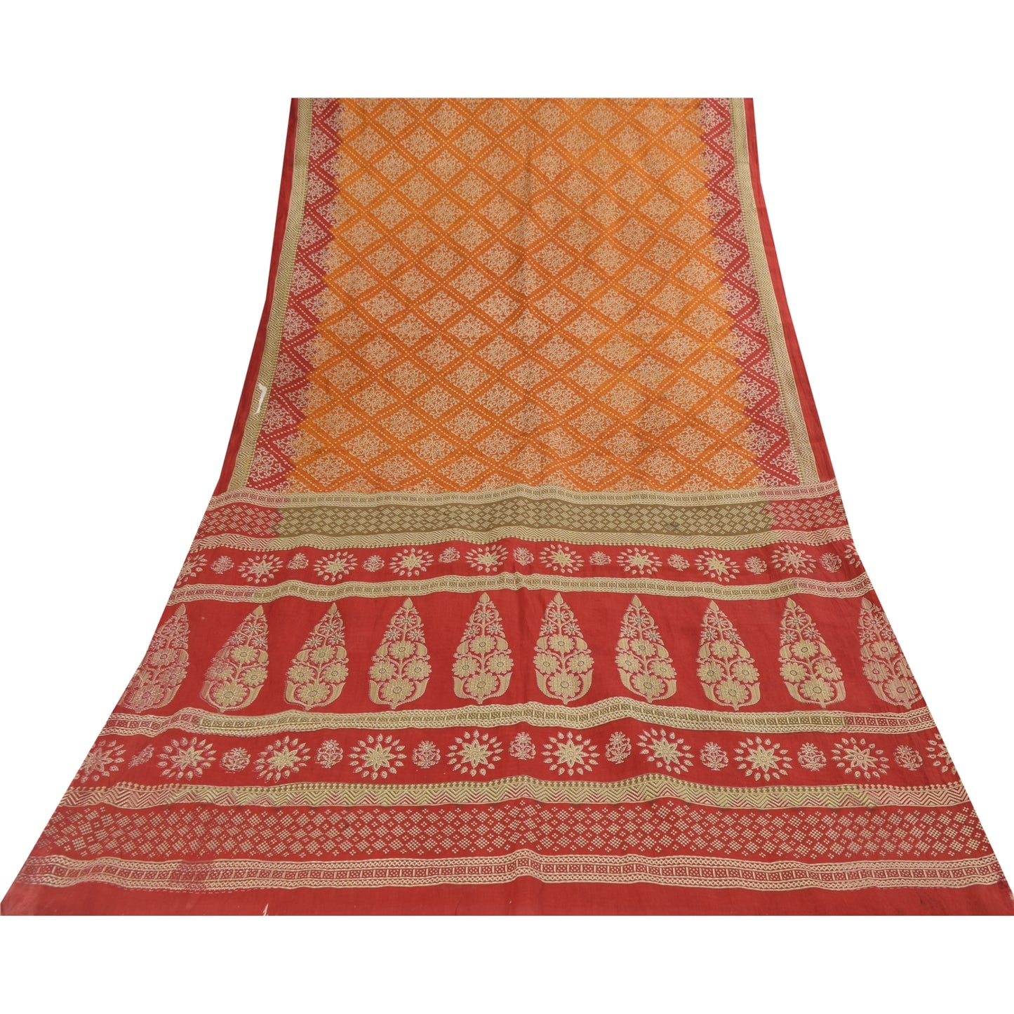 Sanskriti Vintage Sarees Indian OrangePure Cotton Printed Sari 5+yd Craft Fabric