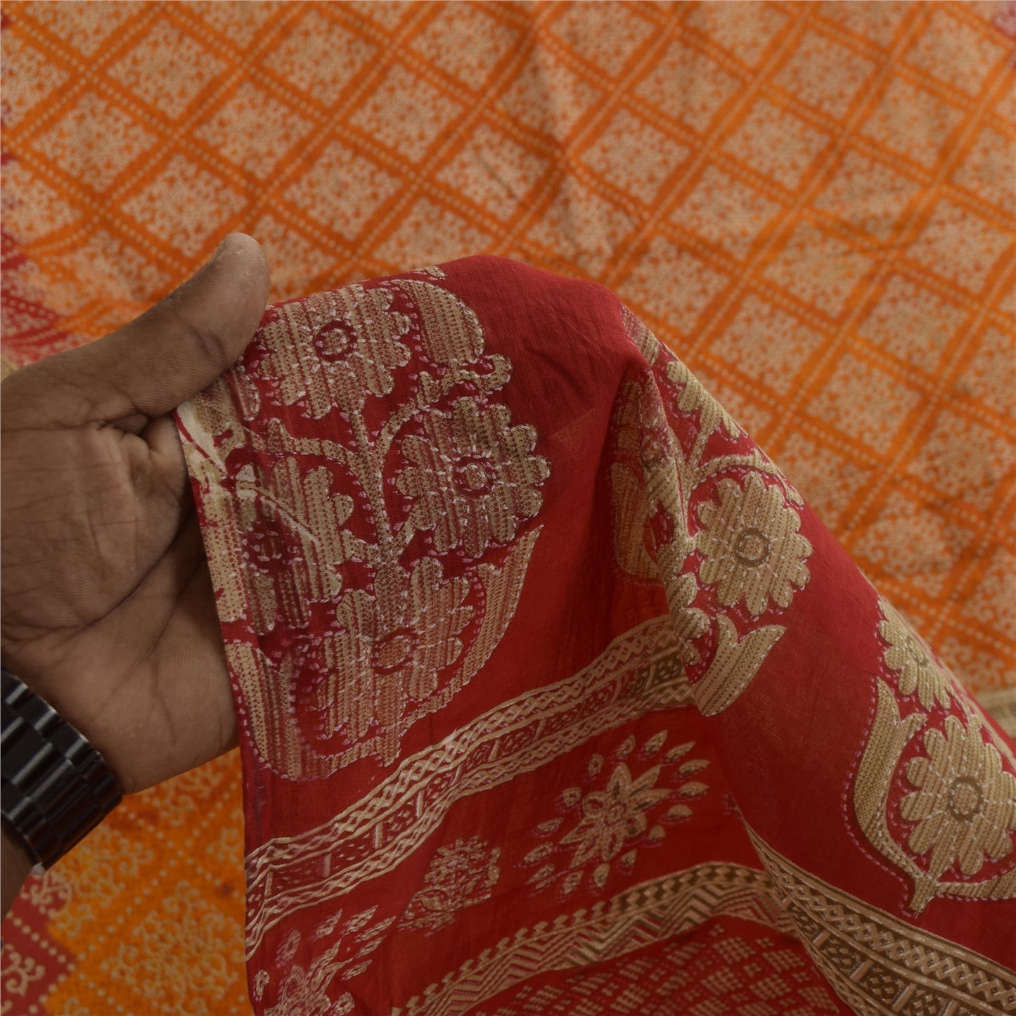 Sanskriti Vintage Sarees Indian OrangePure Cotton Printed Sari 5+yd Craft Fabric