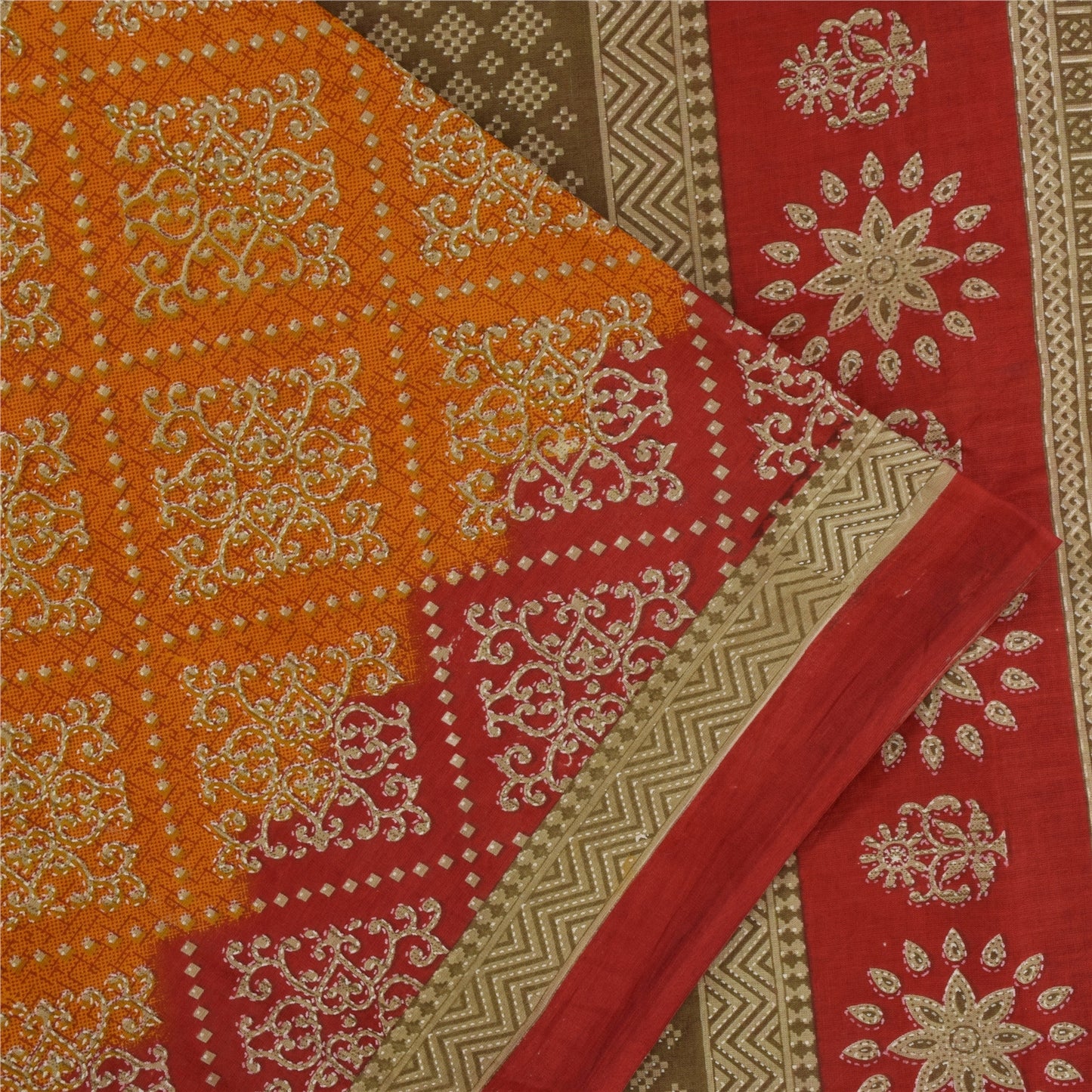 Sanskriti Vintage Sarees Indian OrangePure Cotton Printed Sari 5+yd Craft Fabric