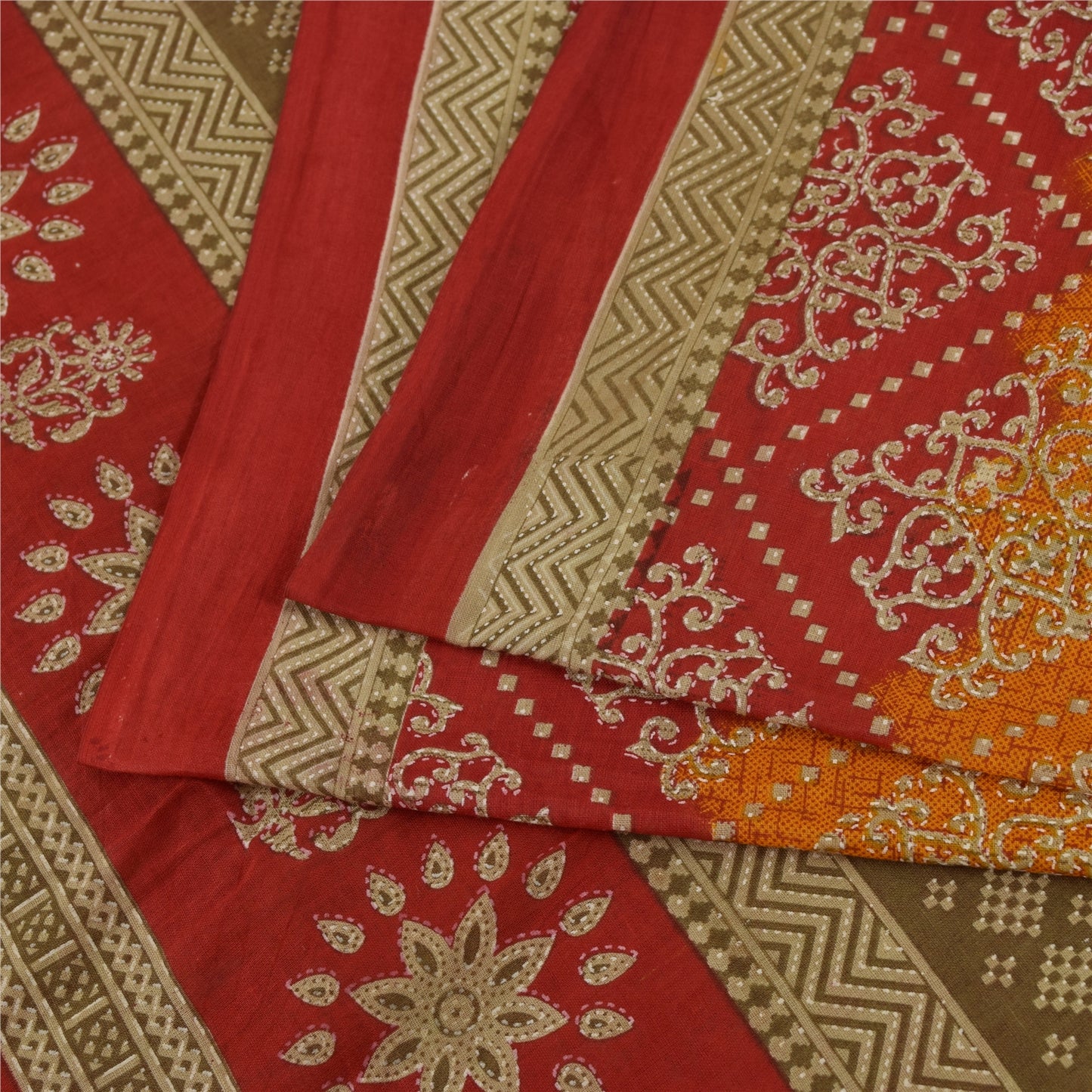 Sanskriti Vintage Sarees Indian OrangePure Cotton Printed Sari 5+yd Craft Fabric