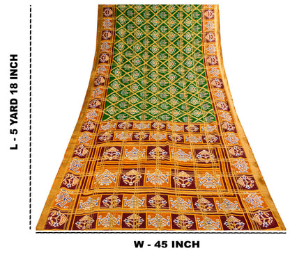 Sanskriti Vintage Saree Green Pure Cotton Patan Patola Ikat Print-Woven 5 YDSari