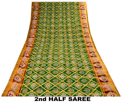 Sanskriti Vintage Saree Green Pure Cotton Patan Patola Ikat Print-Woven 5 YDSari