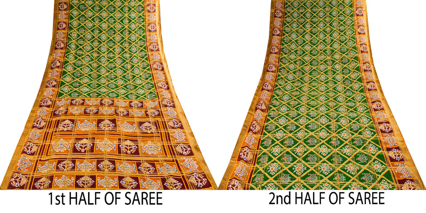 Sanskriti Vintage Saree Green Pure Cotton Patan Patola Ikat Print-Woven 5 YDSari