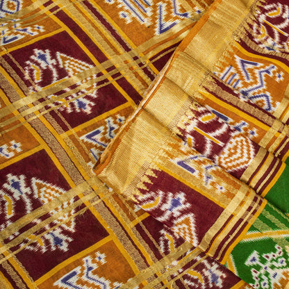 Sanskriti Vintage Saree Green Pure Cotton Patan Patola Ikat Print-Woven 5 YDSari