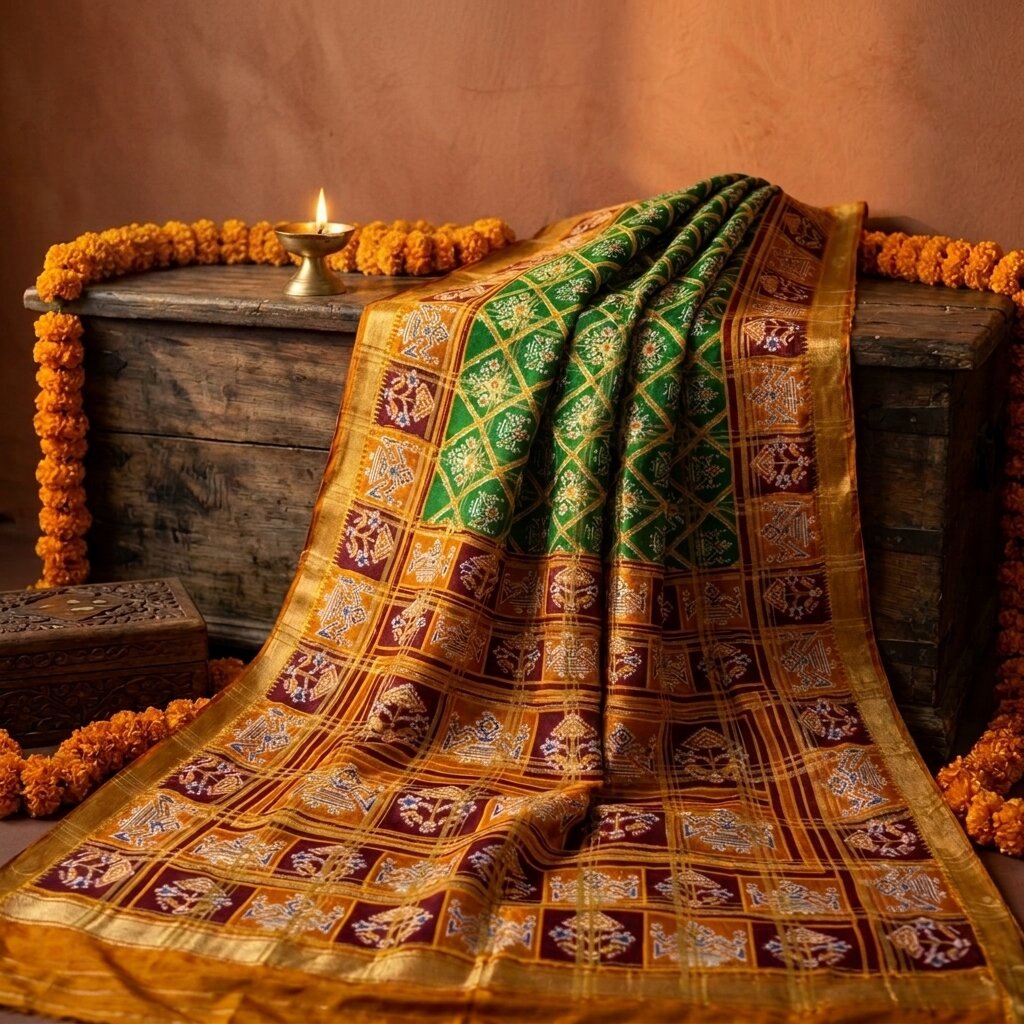 Sanskriti Vintage Saree Green Pure Cotton Patan Patola Ikat Print-Woven 5 YDSari