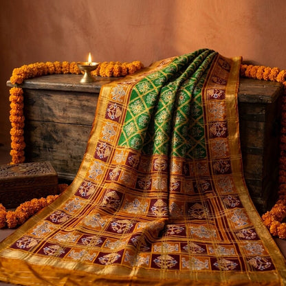 Sanskriti Vintage Saree Green Pure Cotton Patan Patola Ikat Print-Woven 5 YDSari