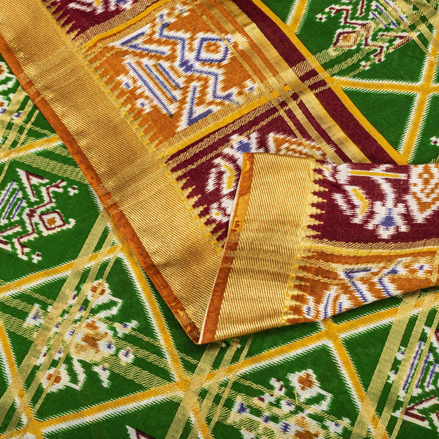 Sanskriti Vintage Saree Green Pure Cotton Patan Patola Ikat Print-Woven 5 YDSari