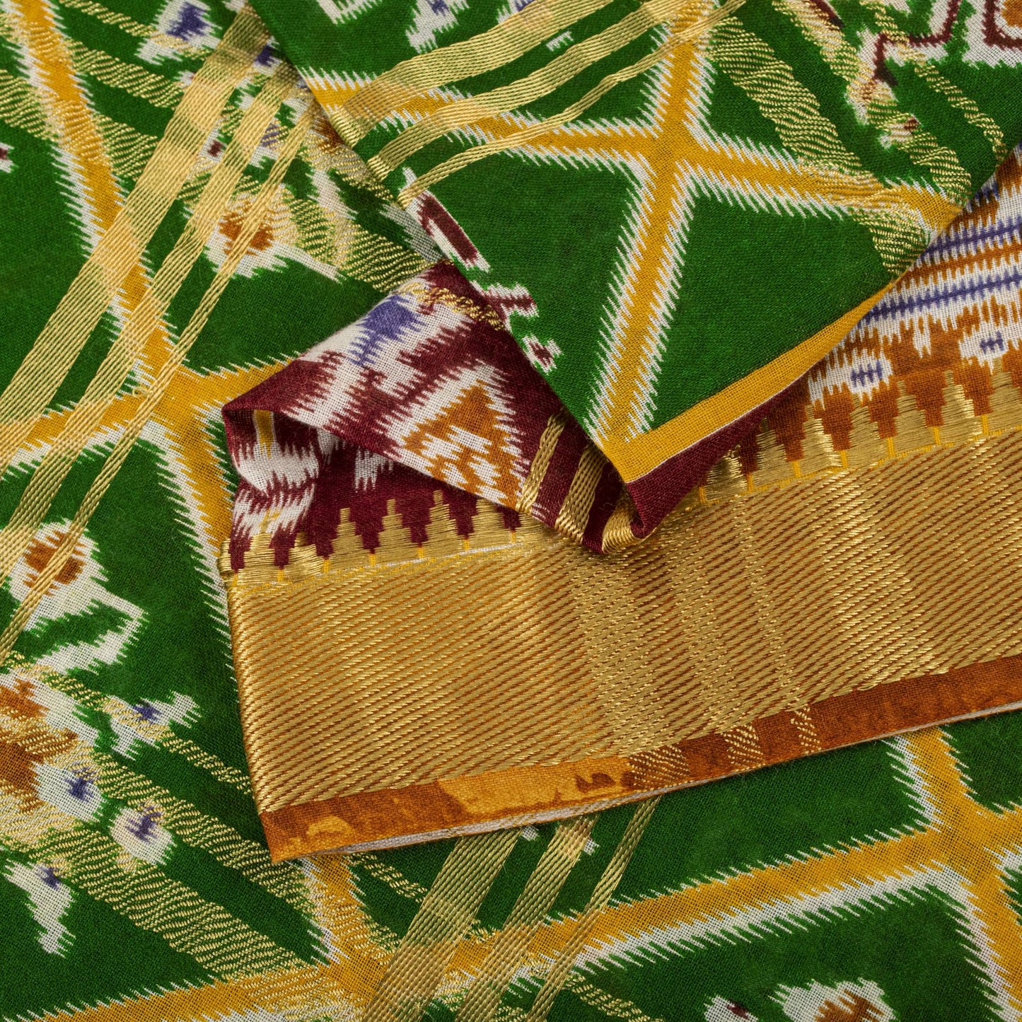 Sanskriti Vintage Saree Green Pure Cotton Patan Patola Ikat Print-Woven 5 YDSari