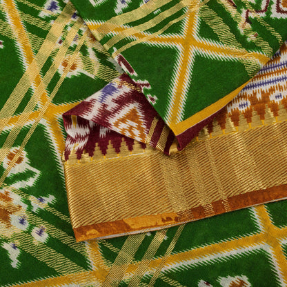 Sanskriti Vintage Saree Green Pure Cotton Patan Patola Ikat Print-Woven 5 YDSari