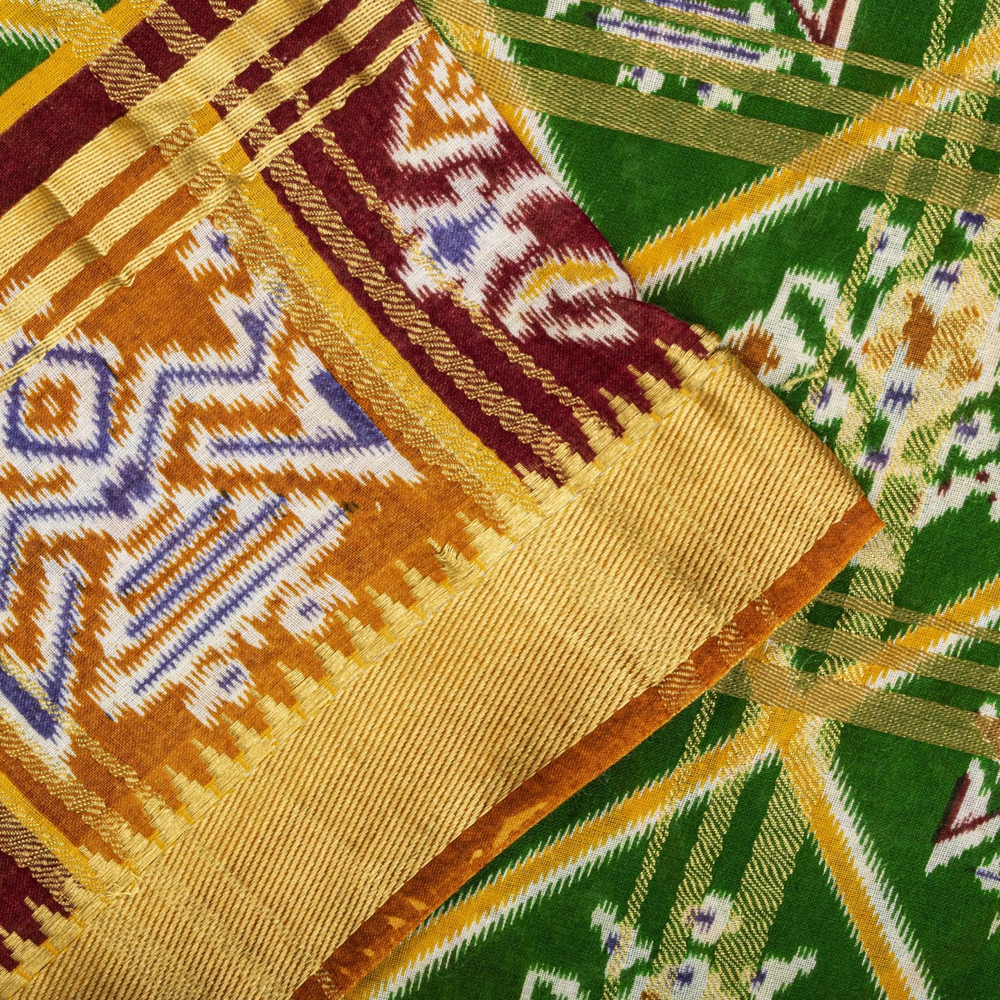 Sanskriti Vintage Saree Green Pure Cotton Patan Patola Ikat Print-Woven 5 YDSari