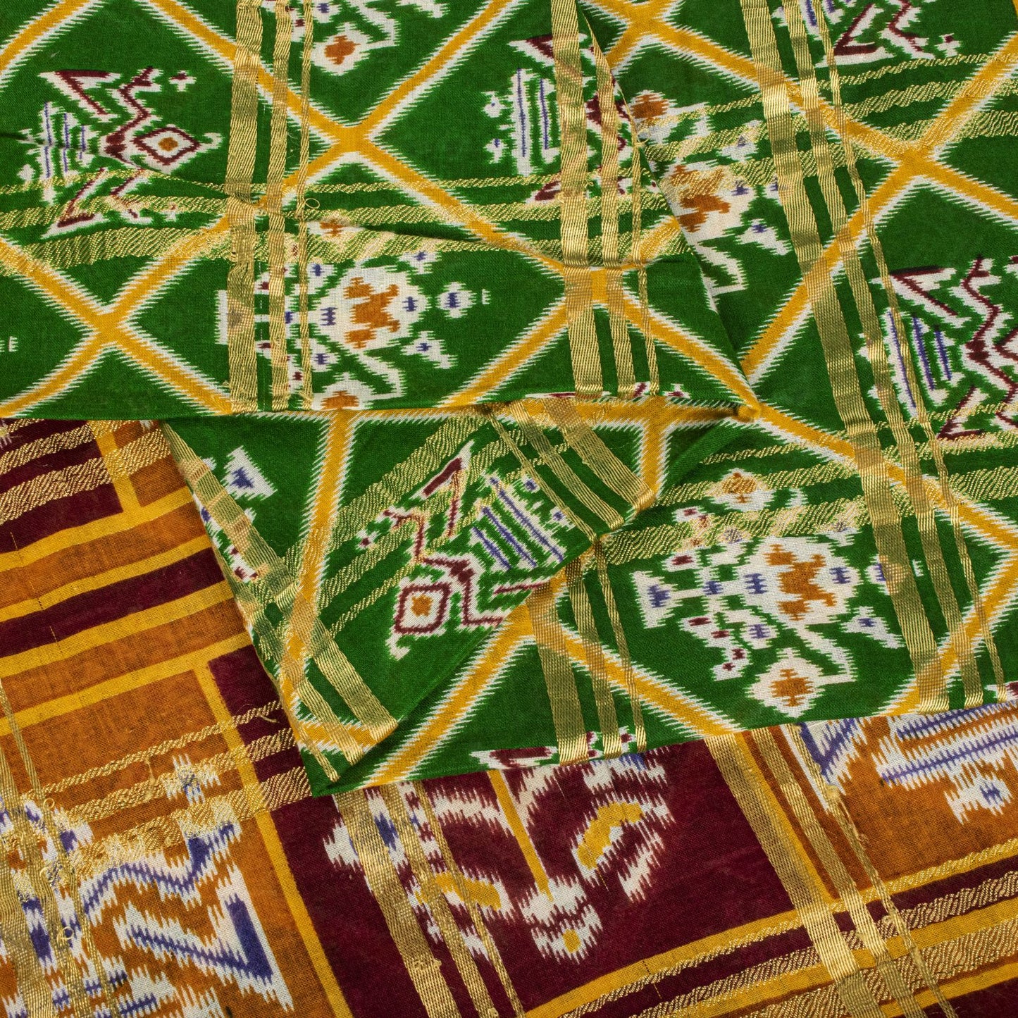 Sanskriti Vintage Saree Green Pure Cotton Patan Patola Ikat Print-Woven 5 YDSari