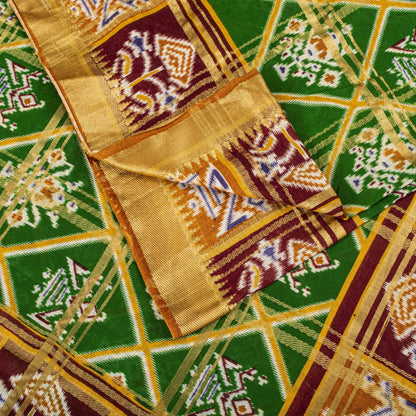 Sanskriti Vintage Saree Green Pure Cotton Patan Patola Ikat Print-Woven 5 YDSari