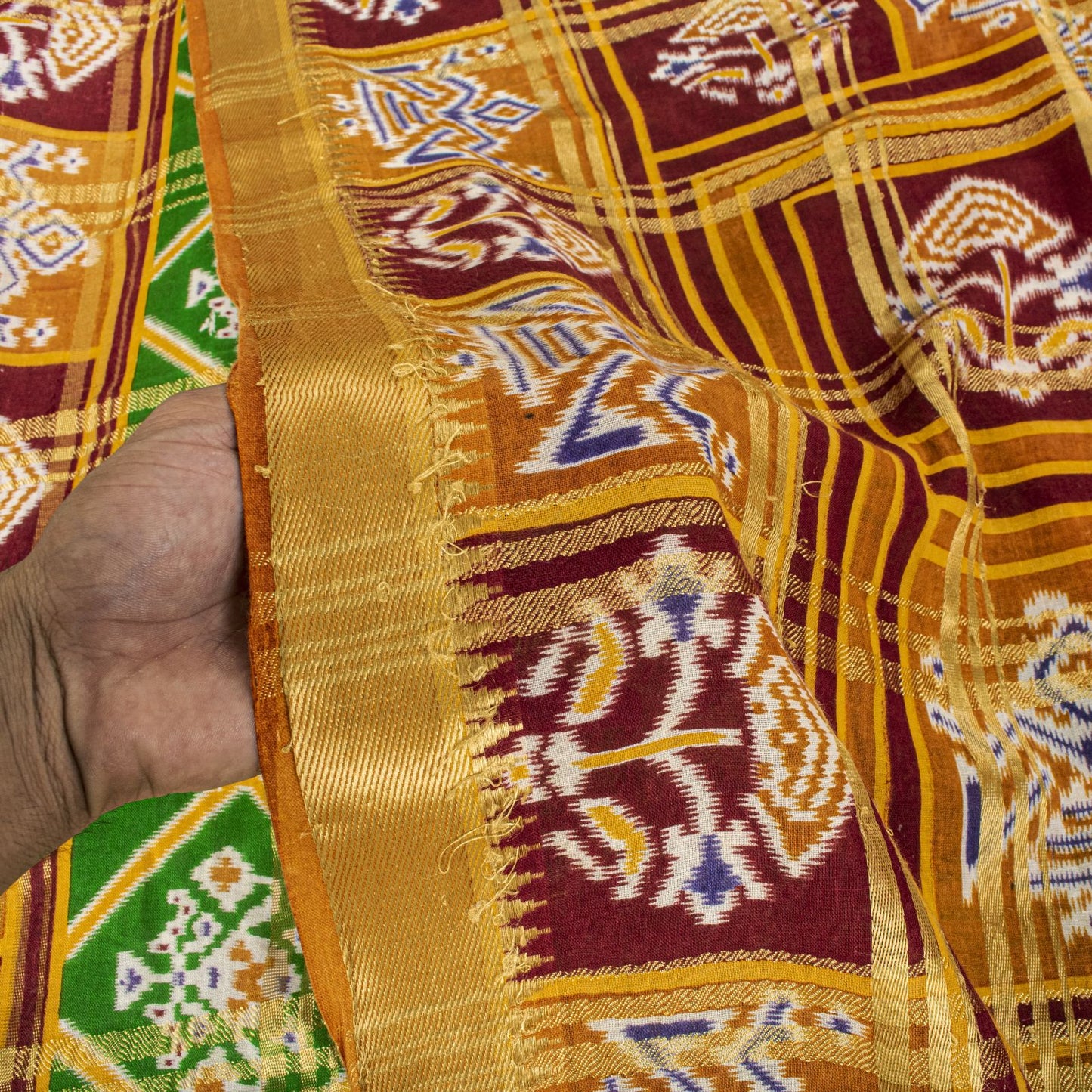 Sanskriti Vintage Saree Green Pure Cotton Patan Patola Ikat Print-Woven 5 YDSari